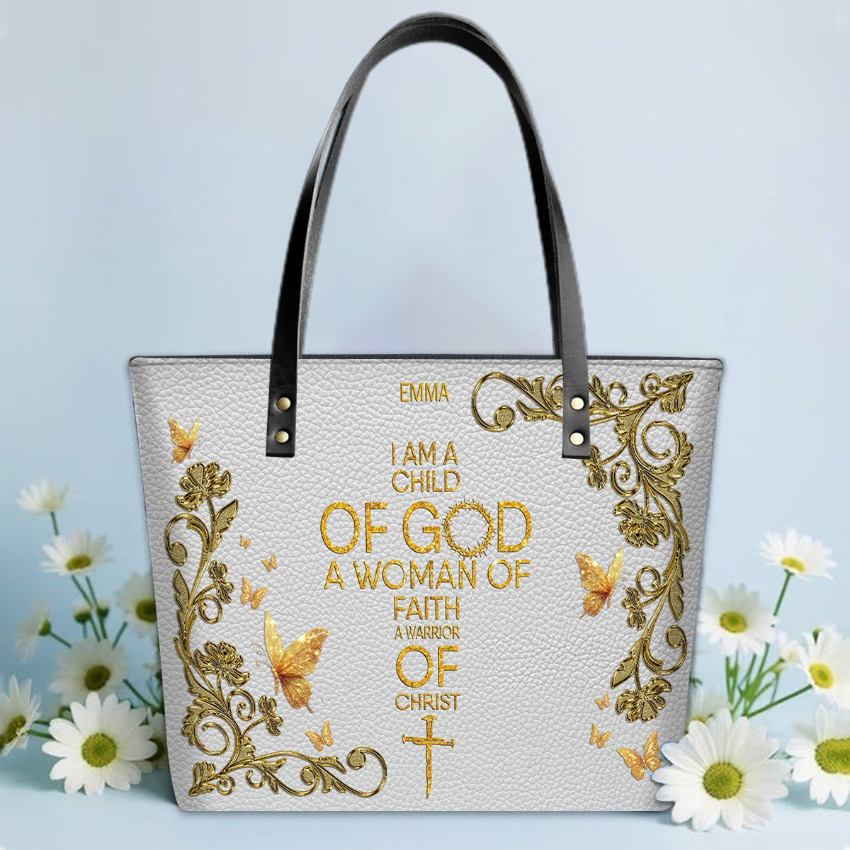Personalized Leather Tote Bag with Bible Verses – Custom Faith-Inspired Leather TOTE Bag | CHRISTIANARTBAG Leather TOTE Bag Navy CAB01122225