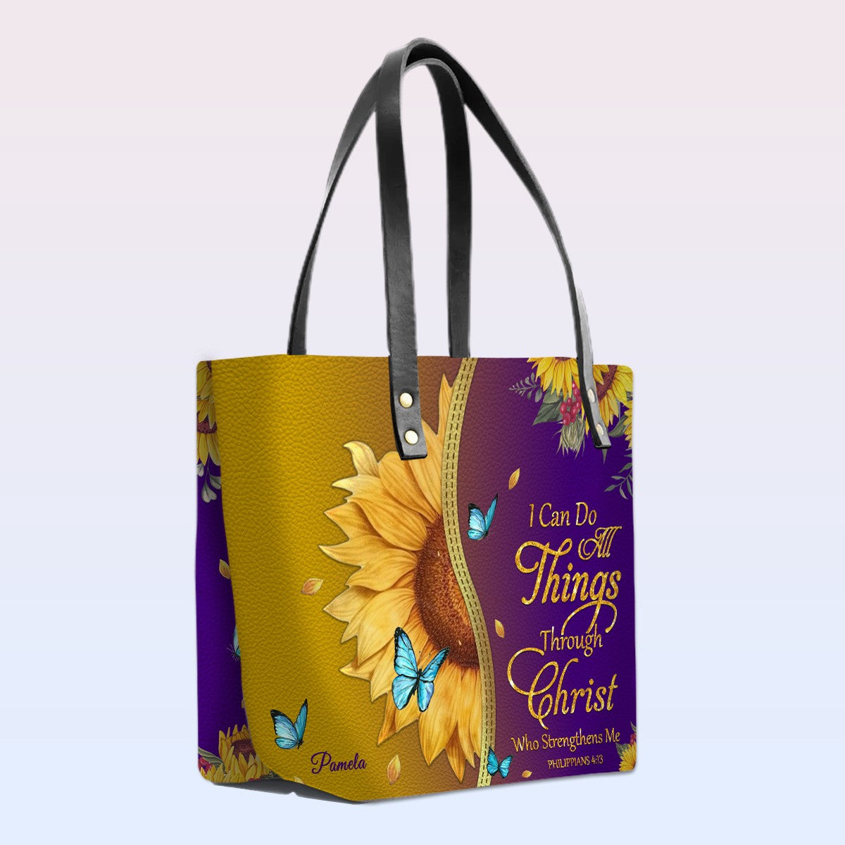 CHRISTIANARTBAG Personalized Leather Tote Bag - Custom Bible Verse Sunflower Purple Shoulder Bag - Inspirational Religious Gift for Women