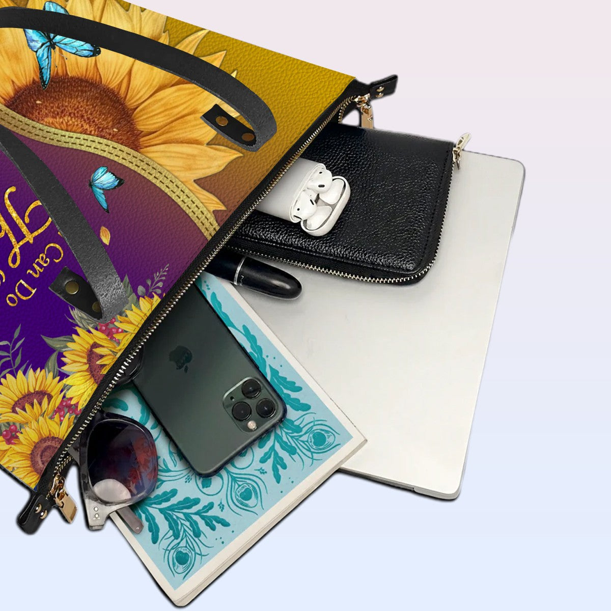 CHRISTIANARTBAG Personalized Leather Tote Bag - Custom Bible Verse Sunflower Purple Shoulder Bag - Inspirational Religious Gift for Women