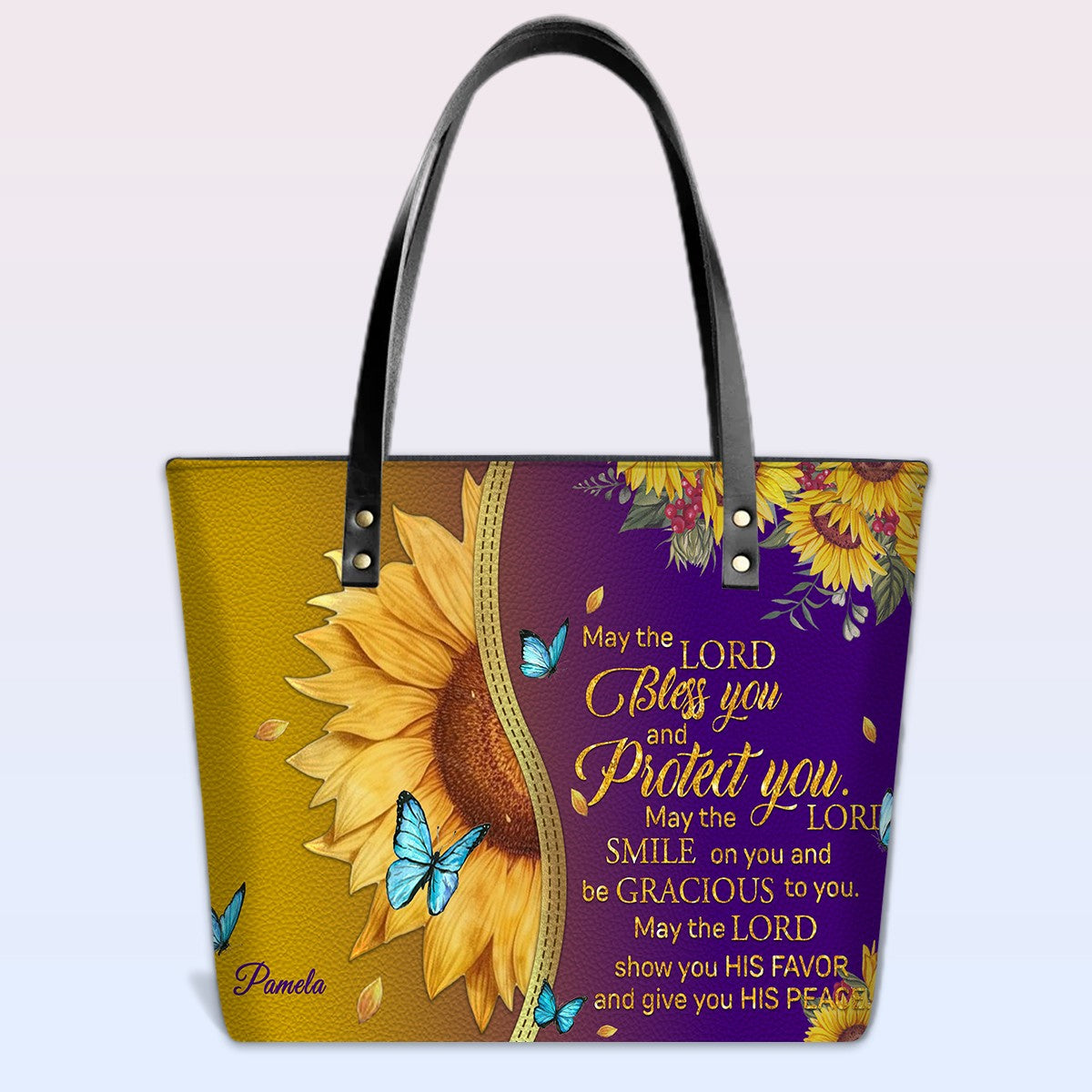CHRISTIANARTBAG Personalized Leather Tote Bag - Custom Bible Verse Sunflower Purple Shoulder Bag - Inspirational Religious Gift for Women