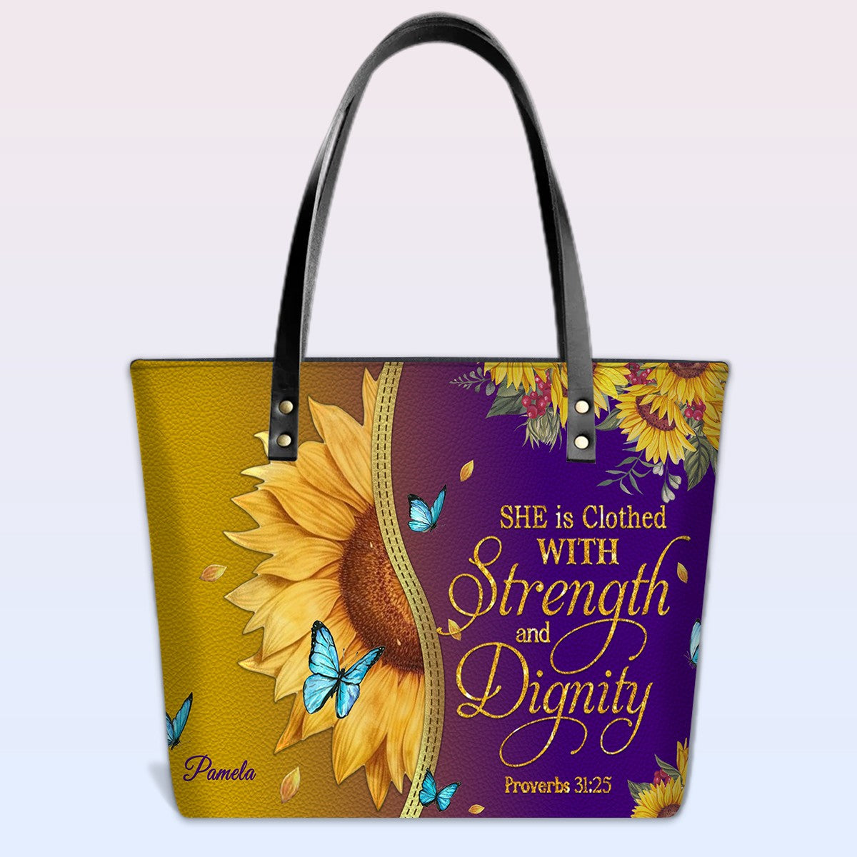 CHRISTIANARTBAG Personalized Leather Tote Bag - Custom Bible Verse Sunflower Purple Shoulder Bag - Inspirational Religious Gift for Women