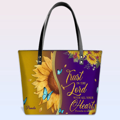 CHRISTIANARTBAG Personalized Leather Tote Bag - Custom Bible Verse Sunflower Purple Shoulder Bag - Inspirational Religious Gift for Women