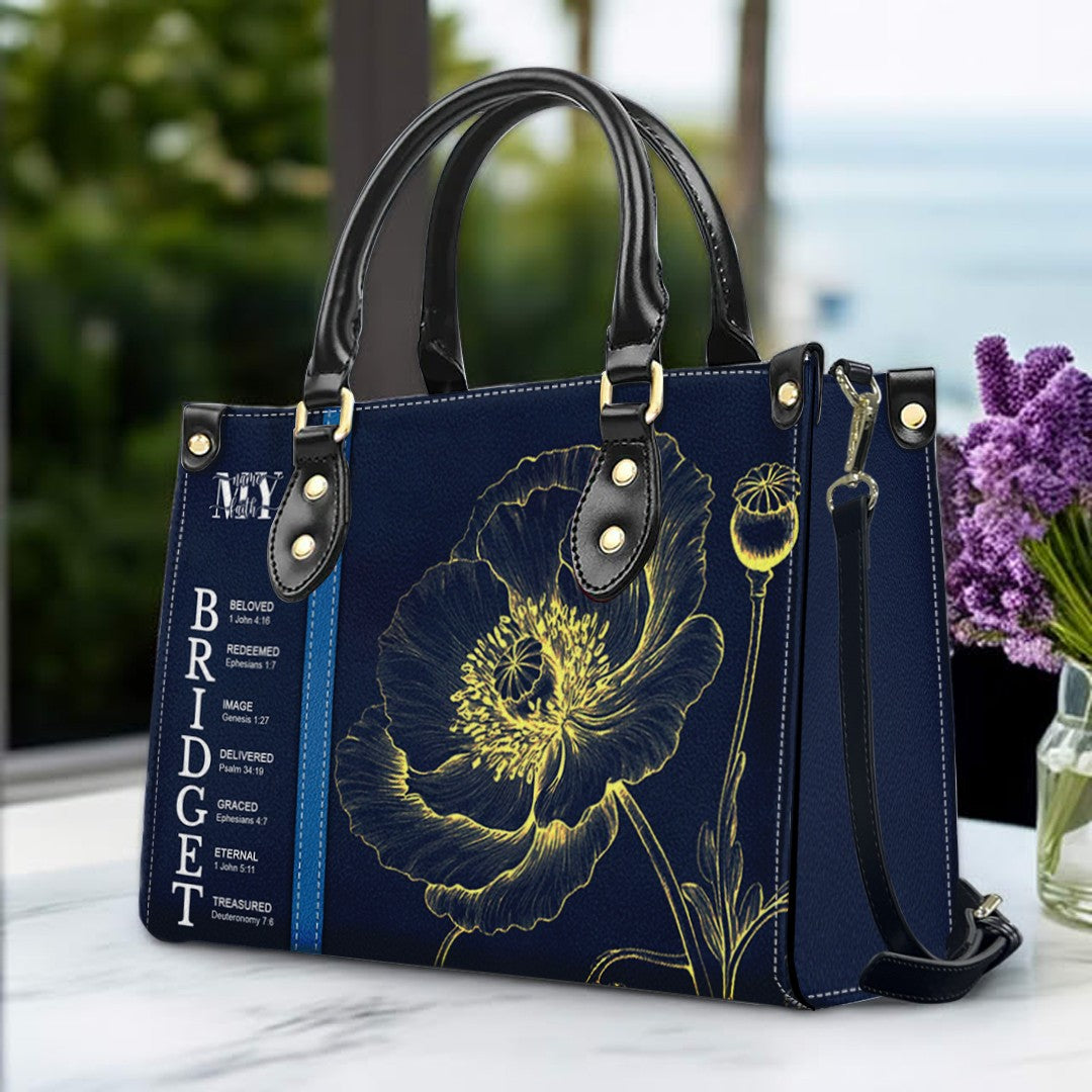 Personalized Leather Handbag with Name Meaning & Bible Verses – Birth Month Flower Design | Christian Gift for Women by CHRISTIANARTBAG
