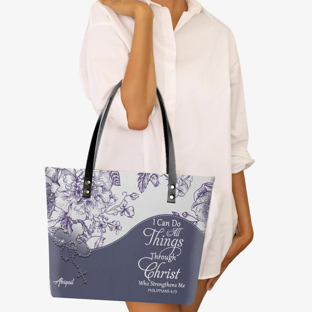 Personalized Christian Leather Tote Bag Luxury with Bible Verses – Custom Name Handbag by CHRISTIANARTBAG