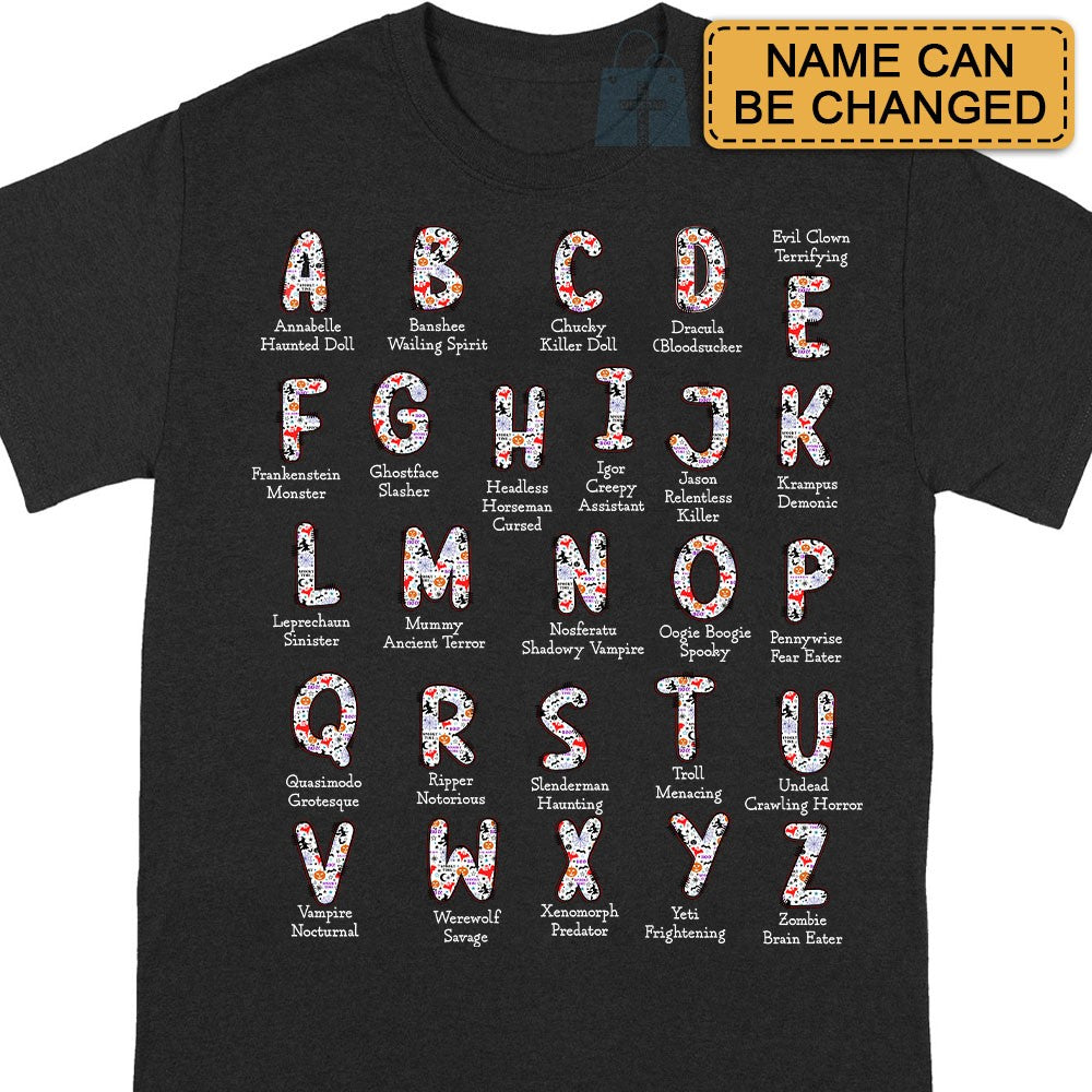 Personalized Halloween Alphabet T-Shirt – Spooky Horror A-Z Characters, Custom Name Graphic Tee