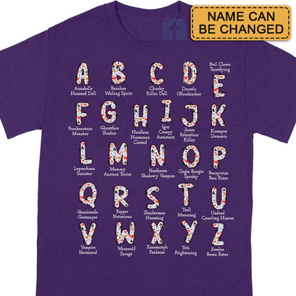 Personalized Halloween Alphabet T-Shirt – Spooky Horror A-Z Characters, Custom Name Graphic Tee