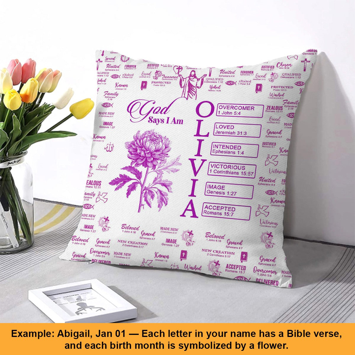 Personalized Christian Pillow with Bible Verses & Birth Month Flower – Custom Name Cushion by CHRISTIANARTBAG