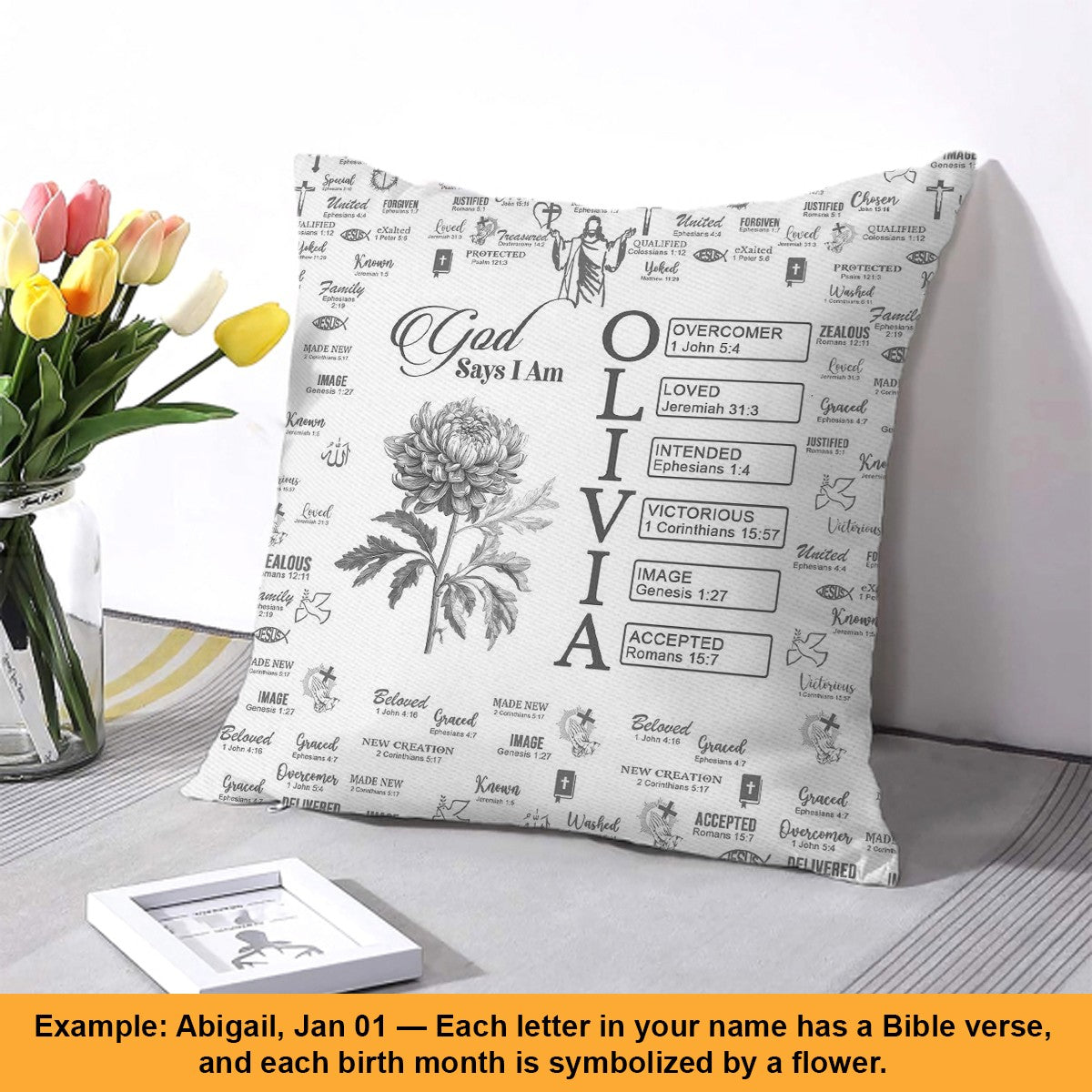 Personalized Christian Pillow with Bible Verses & Birth Month Flower – Custom Name Cushion by CHRISTIANARTBAG