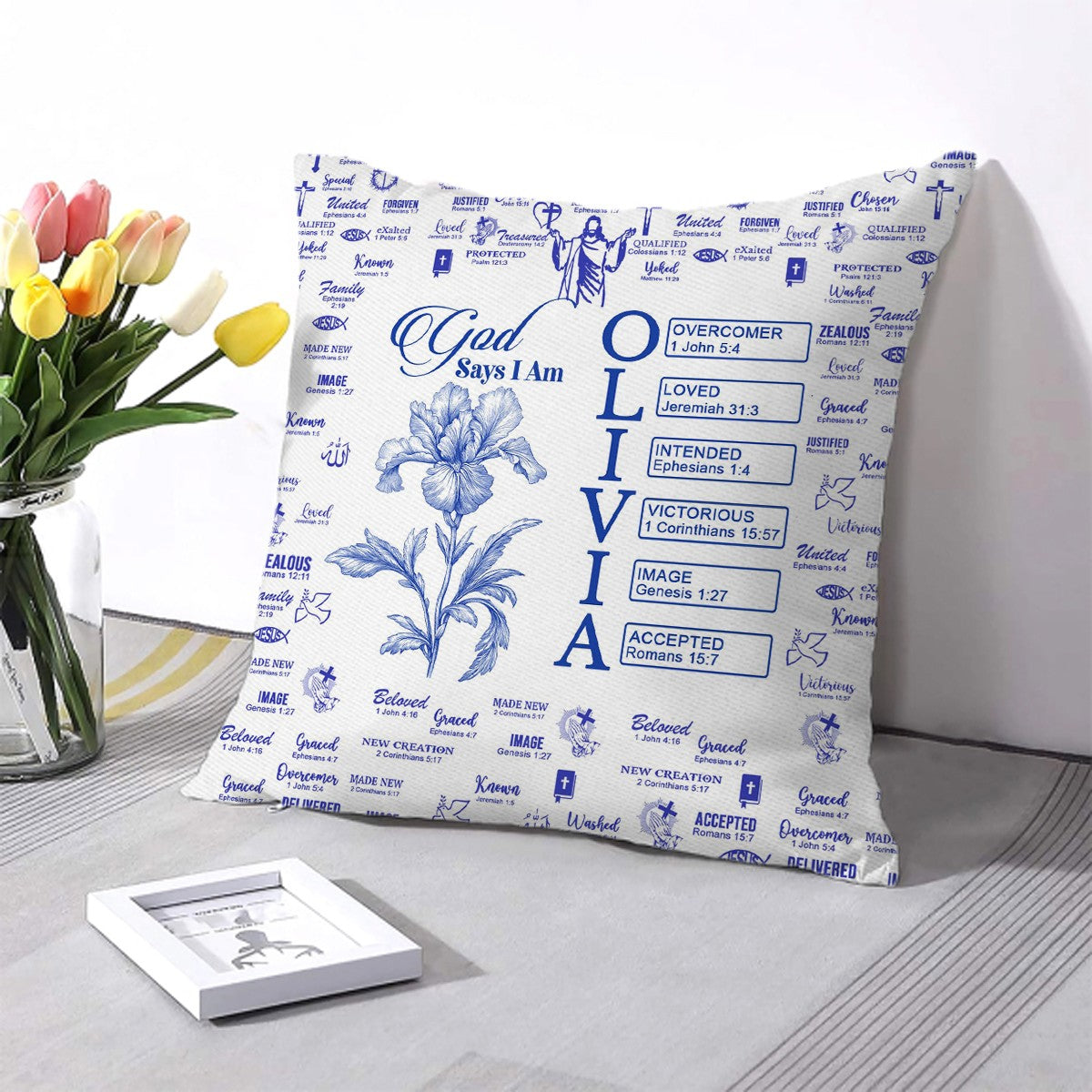 Personalized Christian Pillow with Bible Verses & Birth Month Flower – Custom Name Cushion by CHRISTIANARTBAG