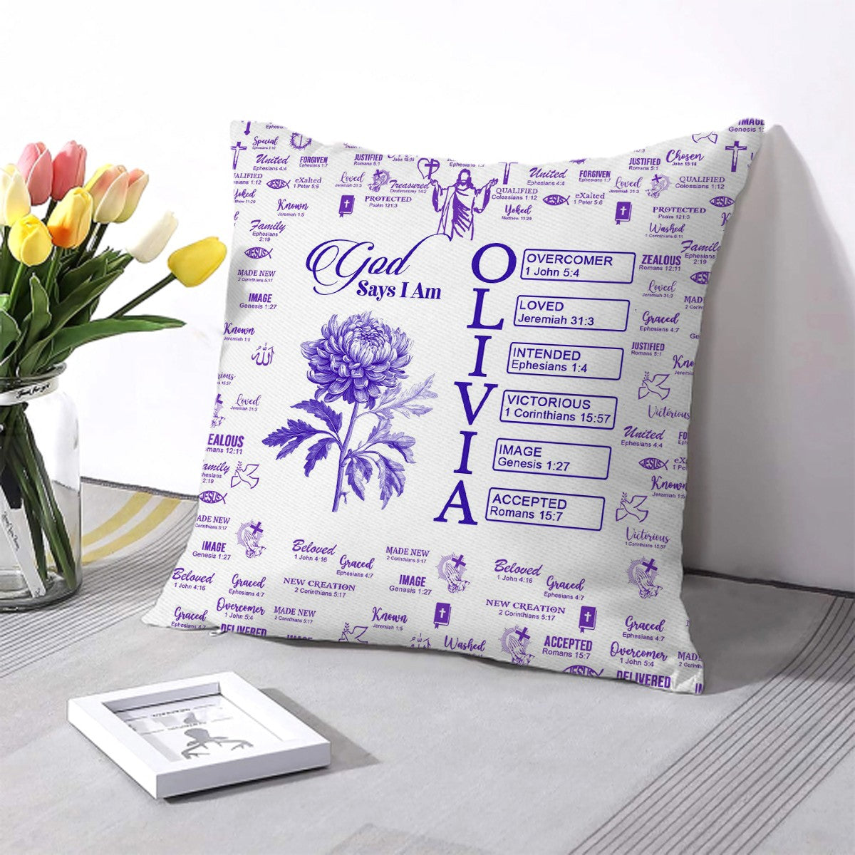 Personalized Christian Pillow with Bible Verses & Birth Month Flower – Custom Name Cushion by CHRISTIANARTBAG