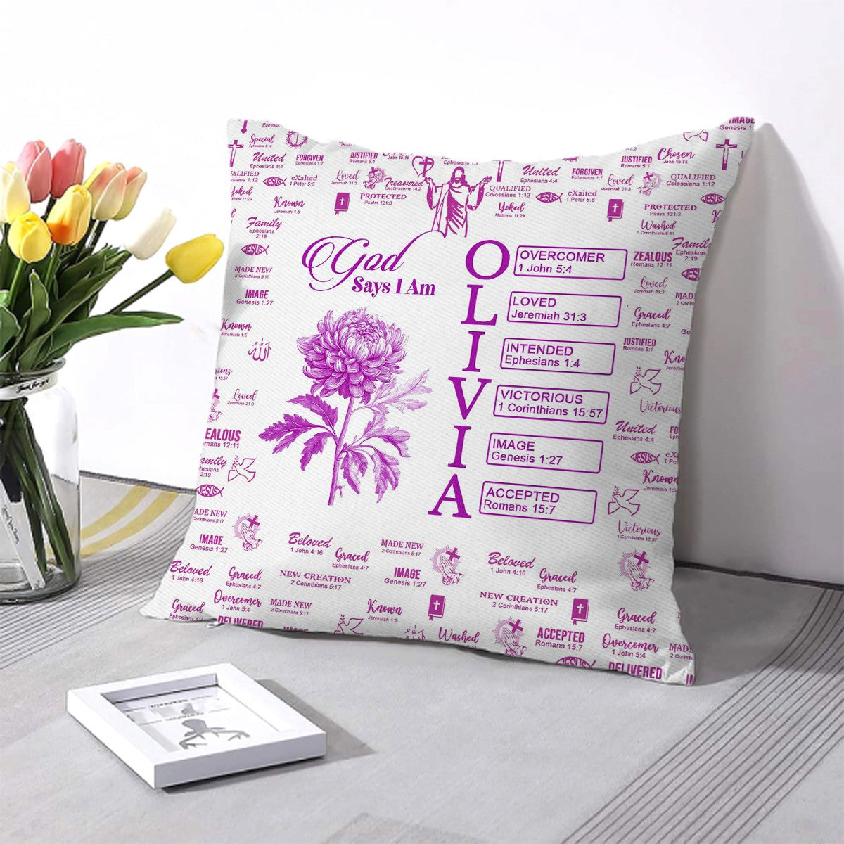 Personalized Christian Pillow with Bible Verses & Birth Month Flower – Custom Name Cushion by CHRISTIANARTBAG