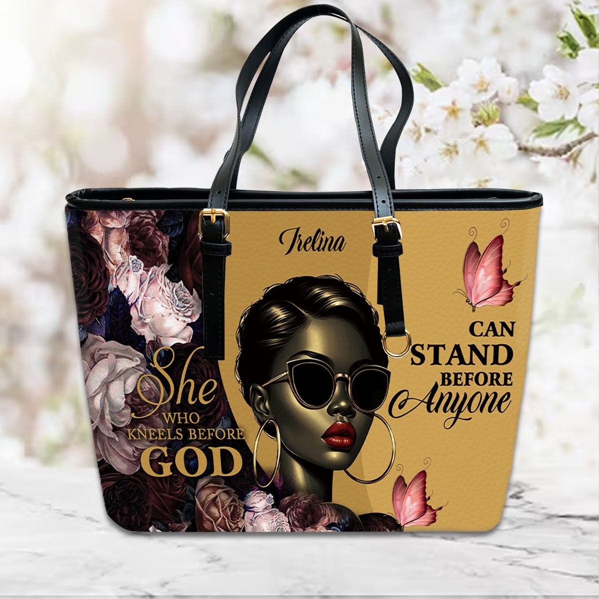 She Who Kneels Before GOD Can Stand Before Anyone, Personalized 'Irelina' Empowerment Leather Handbag - Stand Boldly | CHRISTIANARTBAG Custom Tote