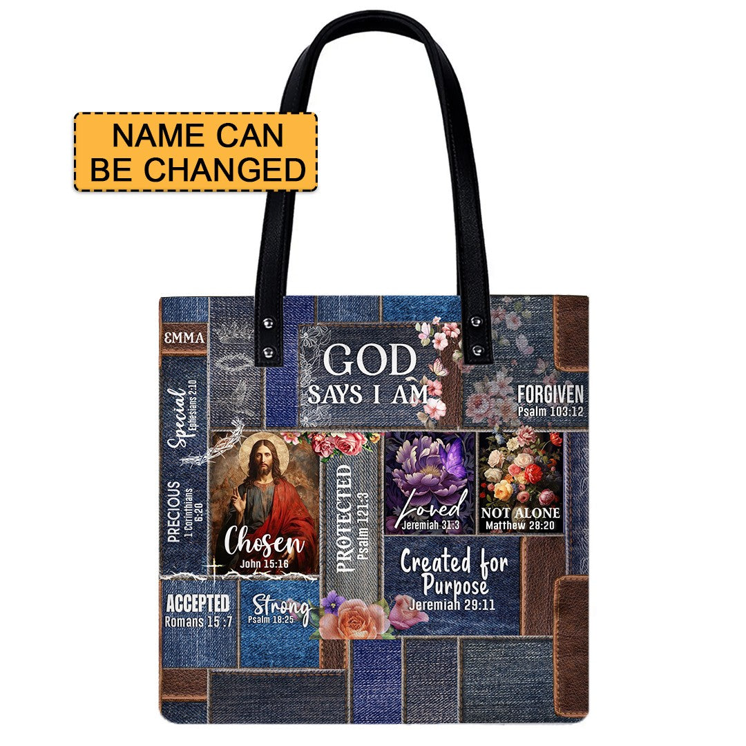 Personalized Christian Handbag | Leather Denim Floral Purse | GOD Says I Am | Custom Bible Bag by CHRISTIANARTBAG