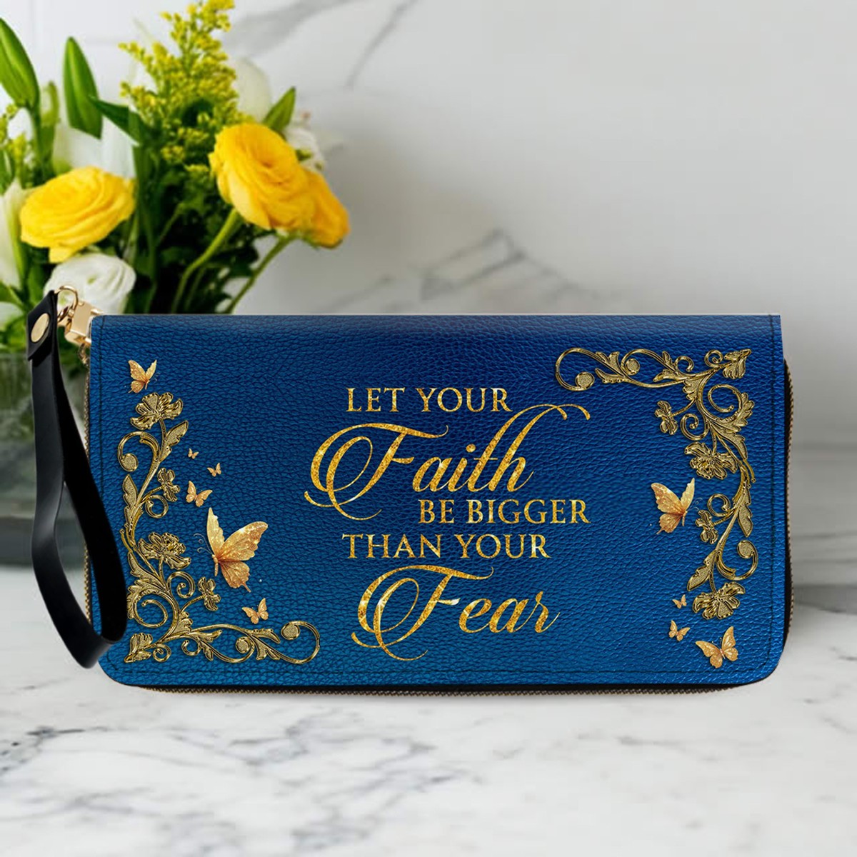 Personalized Christian Leather Handbag – Gold Navy Bible Verse Tote for Women | CHRISTIANARTBAG CAB0241426
