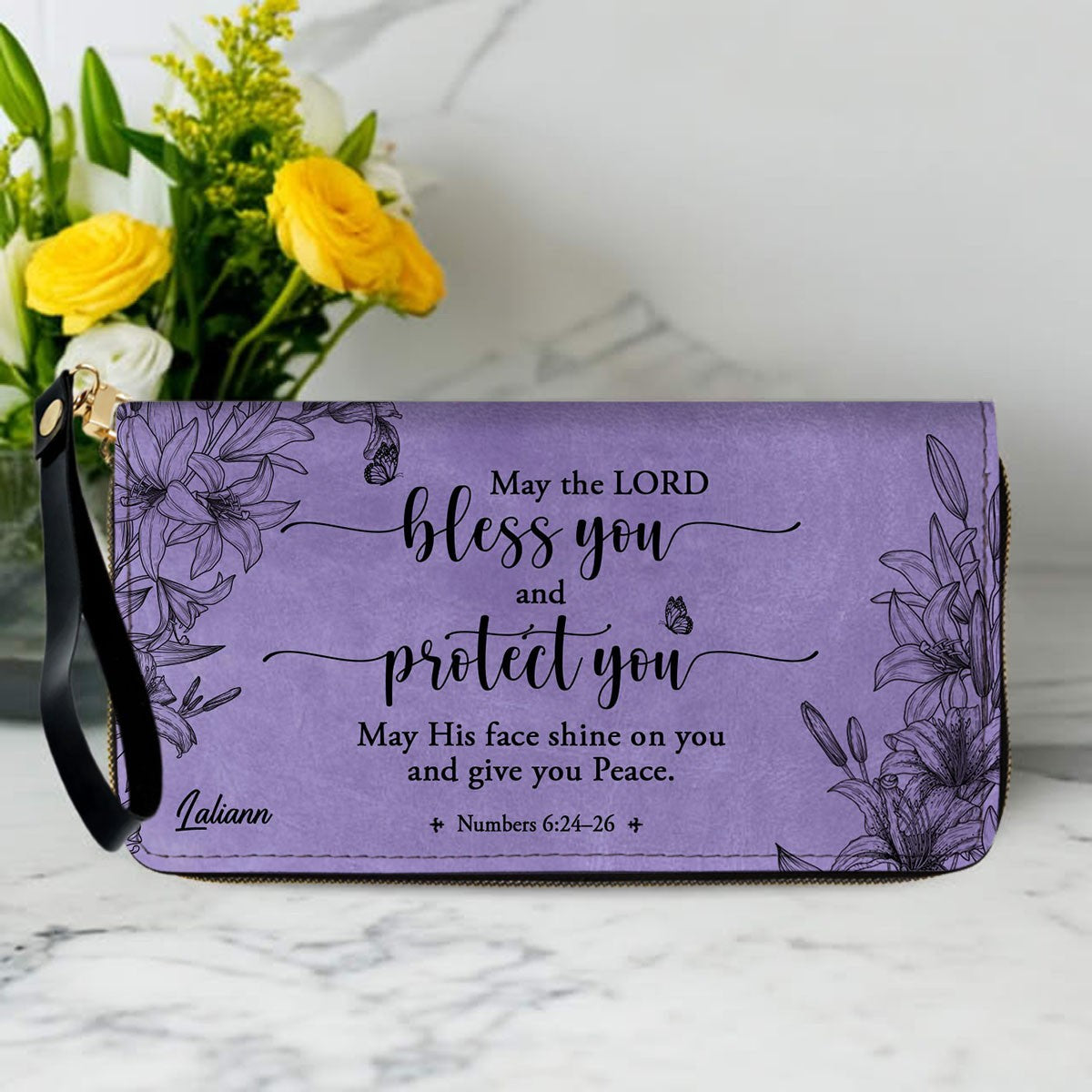 CHRISTIANARTBAG Personalized Purple Leather Bag - Custom Bible Verse Handbag - Floral Christian Gifts for Her - Numbers 6:24-26 Blessing Tote