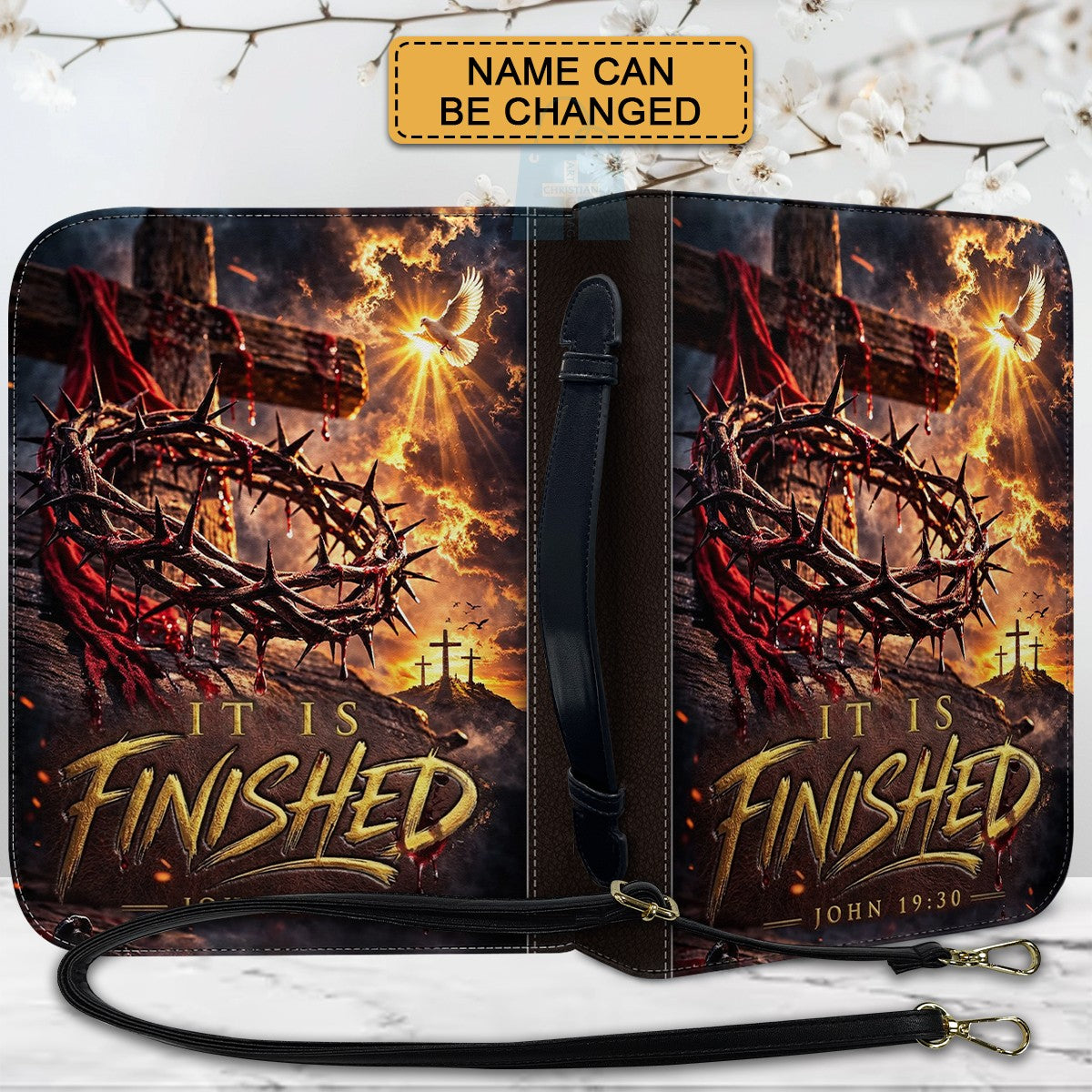 Personalized Bible Cover with Handle & Strap, Custom Name Christian Gift, It Is Finished John 19:30 Leather Bible Case, Religious Gift for Him Her CAB4826