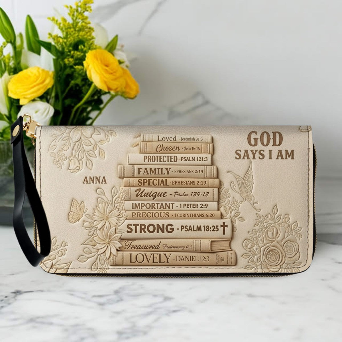 CHRISTIANARTBAG Personalized God Says I Am Leather Handbag - Custom Name Christian Bible Verse Stacked Books Tote Bag CAB01072226