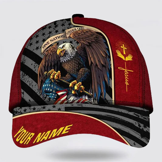 Christianartbag Hat, Personalized Name Classic Cap with One Nation Under God Eagle Design, Personalized Hat, Christian Hat, CABHAT01141223. - Christian Art Bag