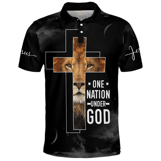 Christianartbag Polo Shirt, One Nation Under God Lion And Cross Polo Shirt, Christian Shirts & Shorts. - Christian Art Bag