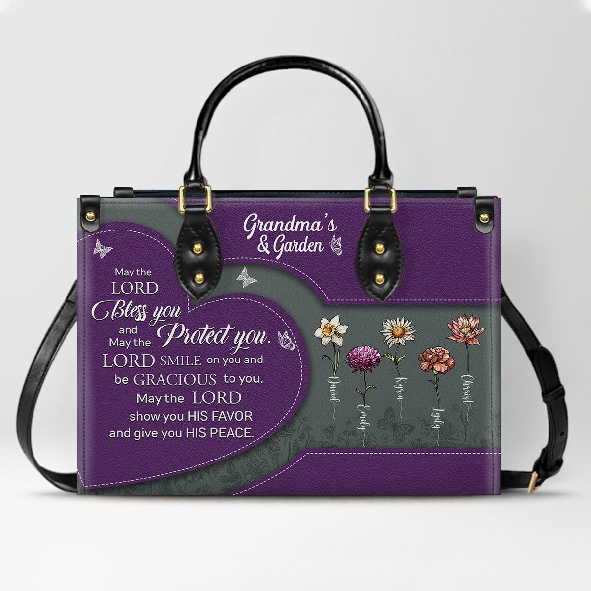 CHRISTIANARTBAG | Personalized Leather Handbag Tote | "Be Still & Know" Bible Verse Grandma's Garden | Custom Birth Month Flower Gift