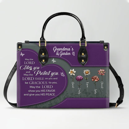 CHRISTIANARTBAG | Personalized Leather Handbag Tote | "Be Still & Know" Bible Verse Grandma's Garden | Custom Birth Month Flower Gift