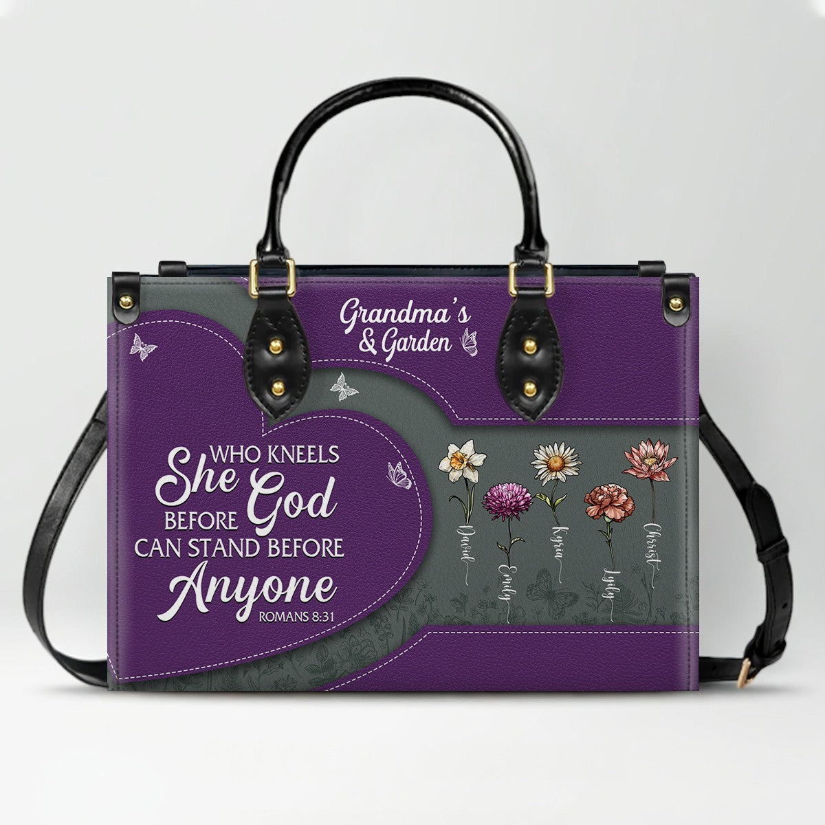 CHRISTIANARTBAG | Personalized Leather Handbag Tote | "Be Still & Know" Bible Verse Grandma's Garden | Custom Birth Month Flower Gift