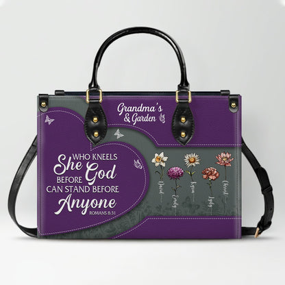 CHRISTIANARTBAG | Personalized Leather Handbag Tote | "Be Still & Know" Bible Verse Grandma's Garden | Custom Birth Month Flower Gift