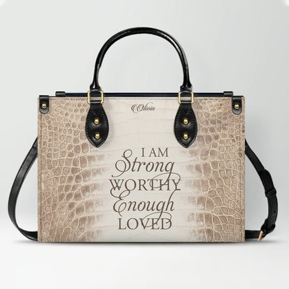 Personalized Christian Leather Handbag by CHRISTIANARTBAG – Custom Bible Verse Albino Alligator Purse, Faith-Inspired Luxury Gift for Women