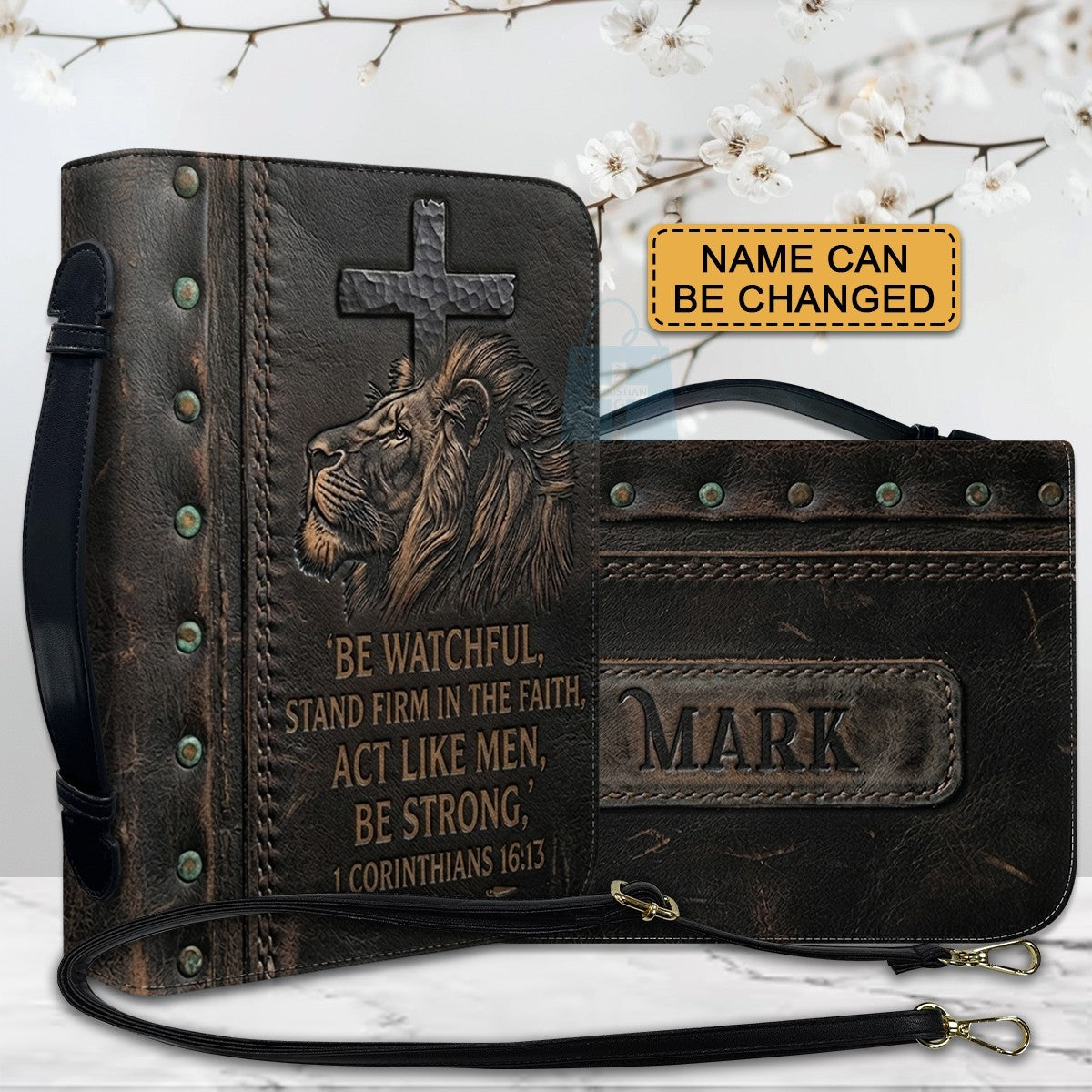 Personalized Bible Cover Case with Handle & Strap, Lion of Judah 1 Corinthians 16:13 Custom Name Leather Carrying Bag - CHRISTIANARTBAG