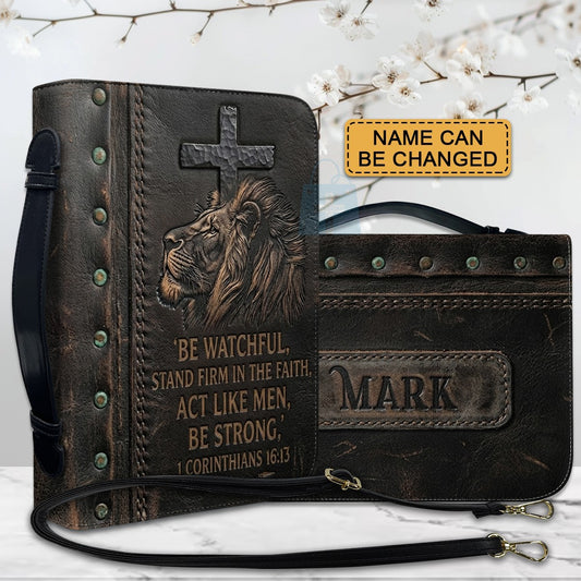 Personalized Bible Cover Case with Handle & Strap, Lion of Judah 1 Corinthians 16:13 Custom Name Leather Carrying Bag - CHRISTIANARTBAG