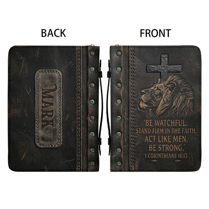 Personalized Bible Cover Case with Handle & Strap, Lion of Judah 1 Corinthians 16:13 Custom Name Leather Carrying Bag - CHRISTIANARTBAG