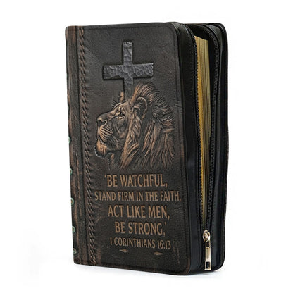 Personalized Bible Cover Case with Handle & Strap, Lion of Judah 1 Corinthians 16:13 Custom Name Leather Carrying Bag - CHRISTIANARTBAG