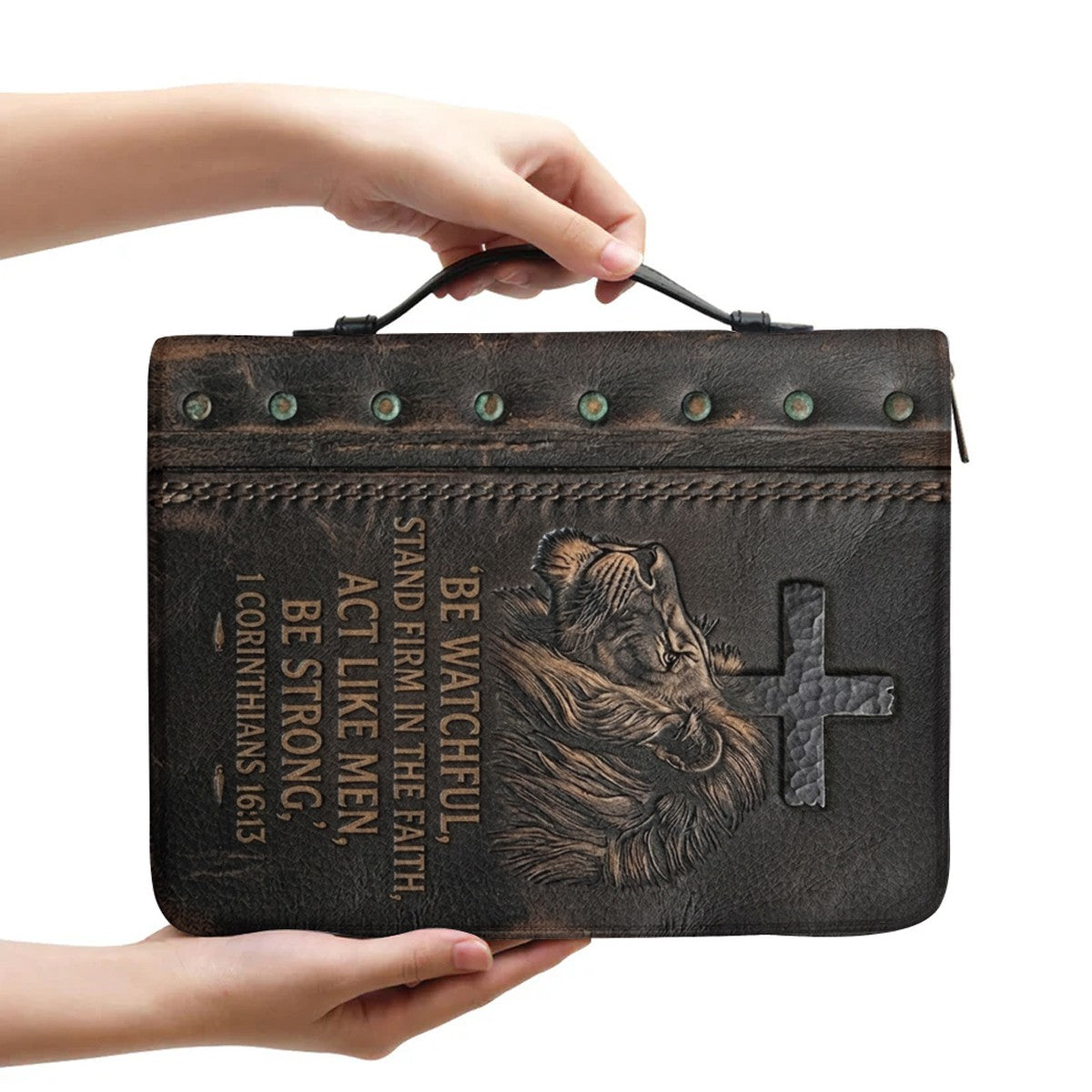 Personalized Bible Cover Case with Handle & Strap, Lion of Judah 1 Corinthians 16:13 Custom Name Leather Carrying Bag - CHRISTIANARTBAG