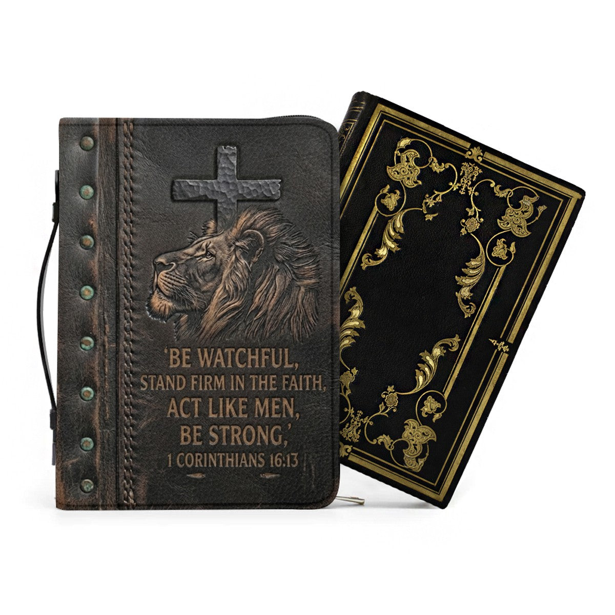 Personalized Bible Cover Case with Handle & Strap, Lion of Judah 1 Corinthians 16:13 Custom Name Leather Carrying Bag - CHRISTIANARTBAG