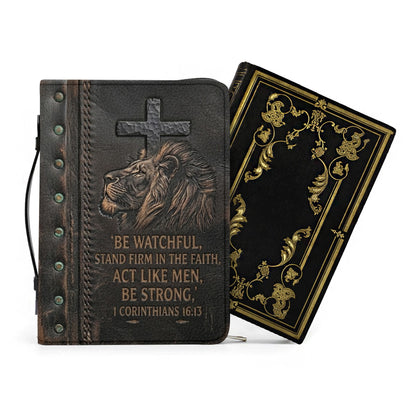 Personalized Bible Cover Case with Handle & Strap, Lion of Judah 1 Corinthians 16:13 Custom Name Leather Carrying Bag - CHRISTIANARTBAG