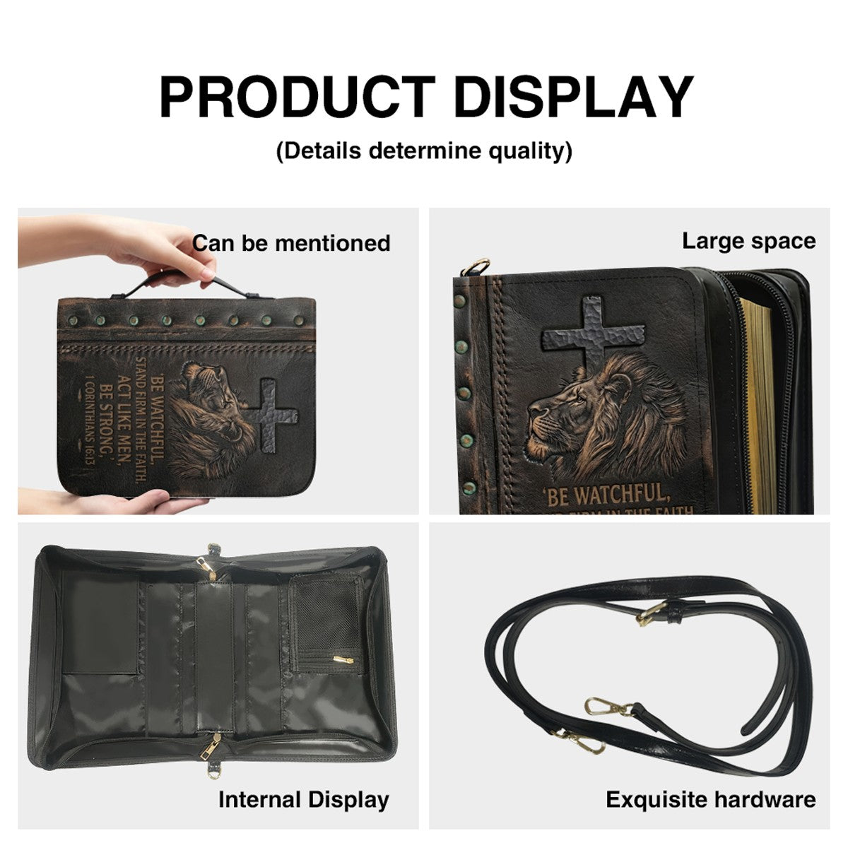 Personalized Bible Cover Case with Handle & Strap, Lion of Judah 1 Corinthians 16:13 Custom Name Leather Carrying Bag - CHRISTIANARTBAG