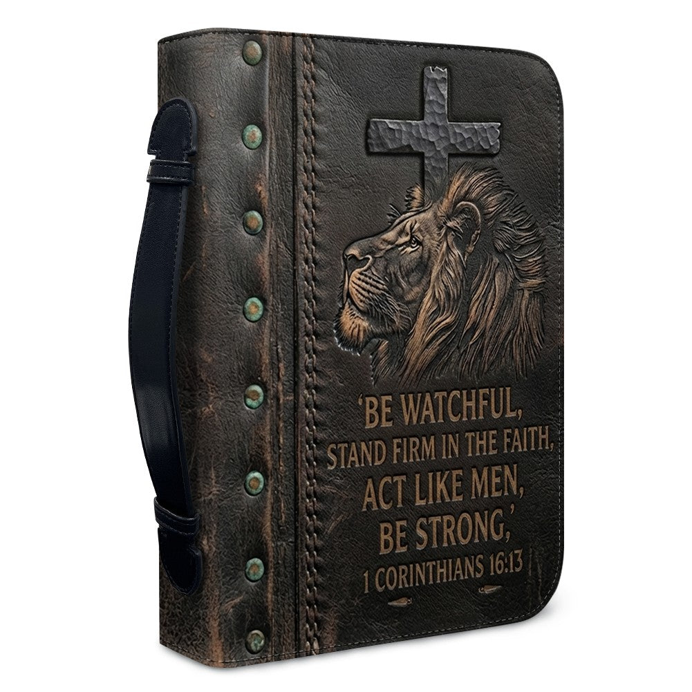 Personalized Bible Cover Case with Handle & Strap, Lion of Judah 1 Corinthians 16:13 Custom Name Leather Carrying Bag - CHRISTIANARTBAG