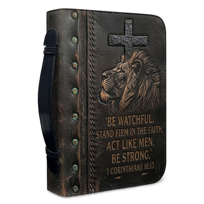 Personalized Bible Cover Case with Handle & Strap, Lion of Judah 1 Corinthians 16:13 Custom Name Leather Carrying Bag - CHRISTIANARTBAG