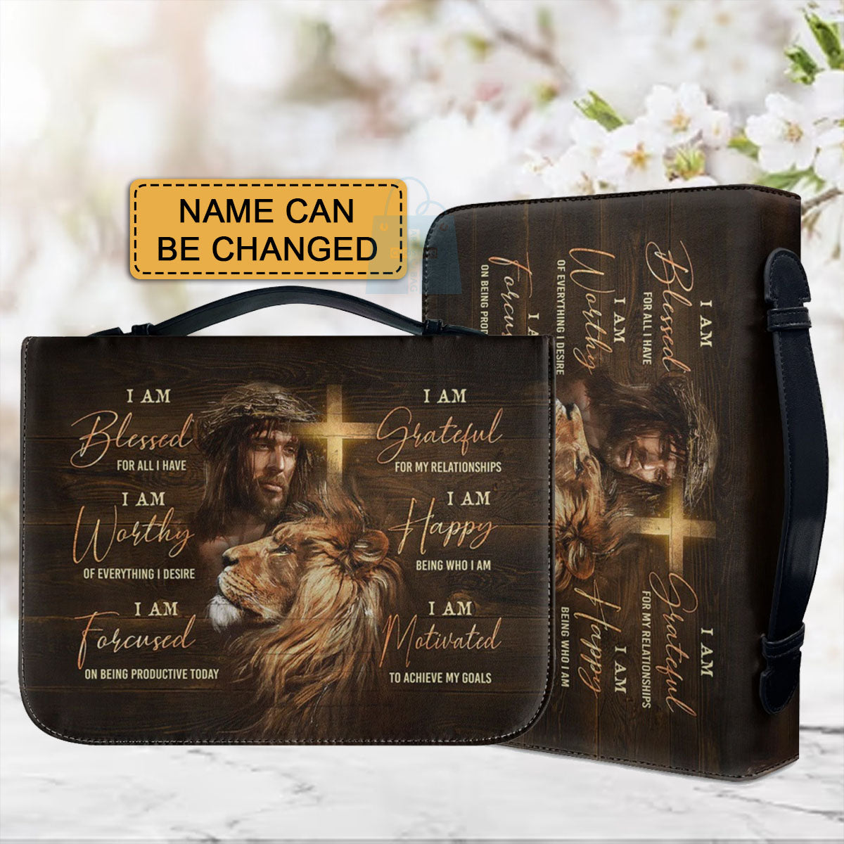 Empowering Personalized Bible Cover with Lion Imagery - Affirmation & Faith | CHRISTIANARTBAG CABBBCV02190324.