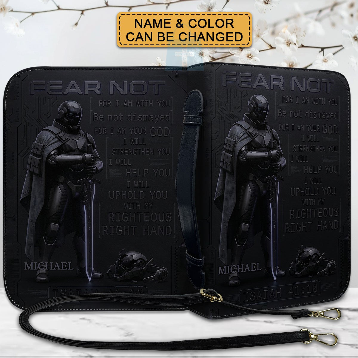 Personalized Tech Minimalism Bible Cover by CHRISTIANARTBAG | Custom Name Sci-Fi Armor Case with Isaiah 41:10 Fear Not Verse CAB01062426