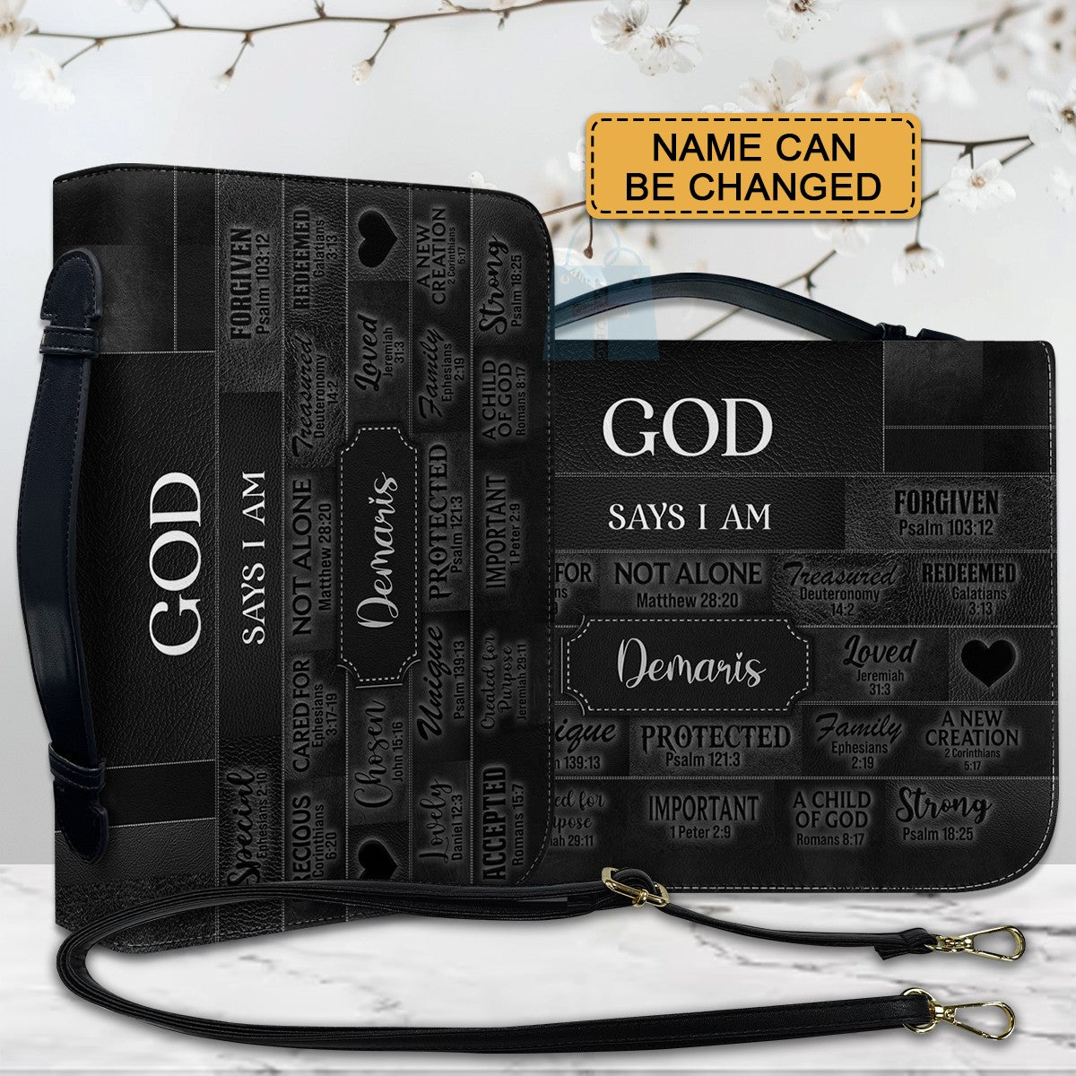 CHRISTIANARTBAG Personalized Bible Cover - Custom Name "God Says I Am" Bible Case - Black Faux Leather Journal Protector with Shoulder Strap for Women & Men CAB01041526