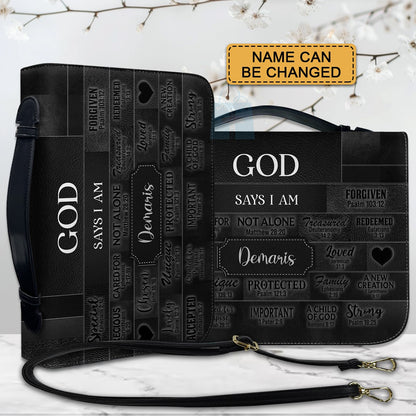 CHRISTIANARTBAG Personalized Bible Cover - Custom Name "God Says I Am" Bible Case - Black Faux Leather Journal Protector with Shoulder Strap for Women & Men CAB01041526