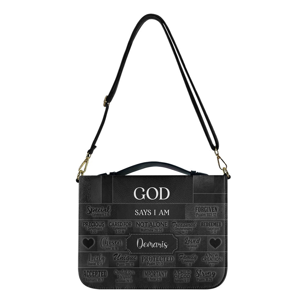 CHRISTIANARTBAG Personalized Bible Cover - Custom Name "God Says I Am" Bible Case - Black Faux Leather Journal Protector with Shoulder Strap for Women & Men CAB01041526