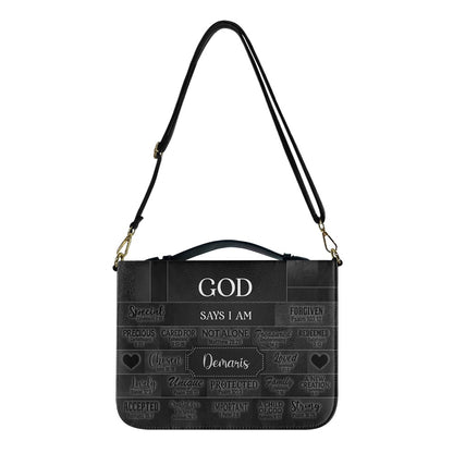 CHRISTIANARTBAG Personalized Bible Cover - Custom Name "God Says I Am" Bible Case - Black Faux Leather Journal Protector with Shoulder Strap for Women & Men CAB01041526