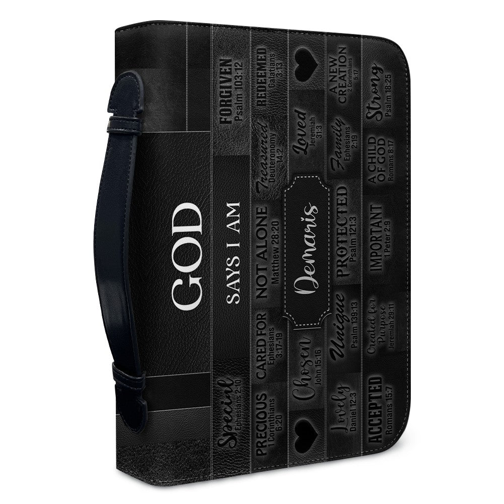 CHRISTIANARTBAG Personalized Bible Cover - Custom Name "God Says I Am" Bible Case - Black Faux Leather Journal Protector with Shoulder Strap for Women & Men CAB01041526