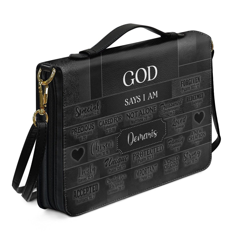 CHRISTIANARTBAG Personalized Bible Cover - Custom Name "God Says I Am" Bible Case - Black Faux Leather Journal Protector with Shoulder Strap for Women & Men CAB01041526