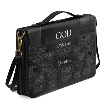 CHRISTIANARTBAG Personalized Bible Cover - Custom Name "God Says I Am" Bible Case - Black Faux Leather Journal Protector with Shoulder Strap for Women & Men CAB01041526