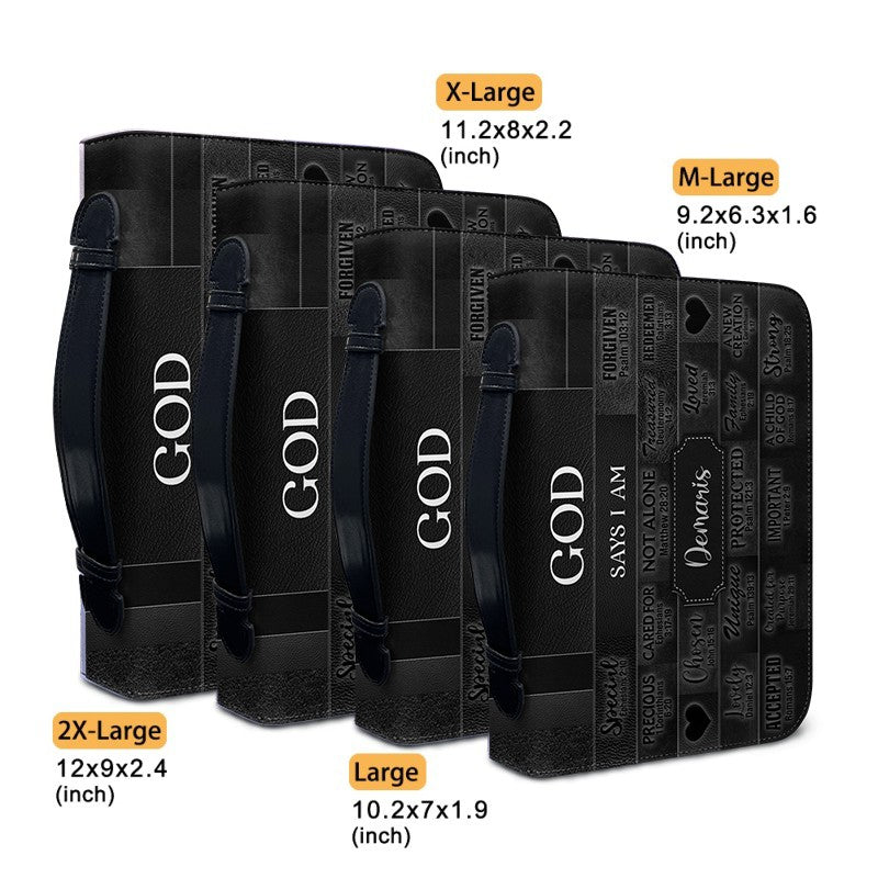 CHRISTIANARTBAG Personalized Bible Cover - Custom Name "God Says I Am" Bible Case - Black Faux Leather Journal Protector with Shoulder Strap for Women & Men CAB01041526