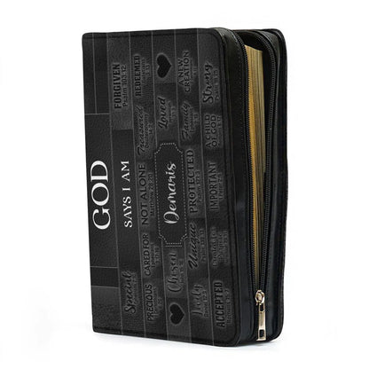 CHRISTIANARTBAG Personalized Bible Cover - Custom Name "God Says I Am" Bible Case - Black Faux Leather Journal Protector with Shoulder Strap for Women & Men CAB01041526