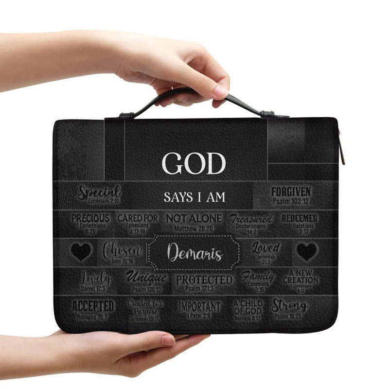 CHRISTIANARTBAG Personalized Bible Cover - Custom Name "God Says I Am" Bible Case - Black Faux Leather Journal Protector with Shoulder Strap for Women & Men CAB01041526